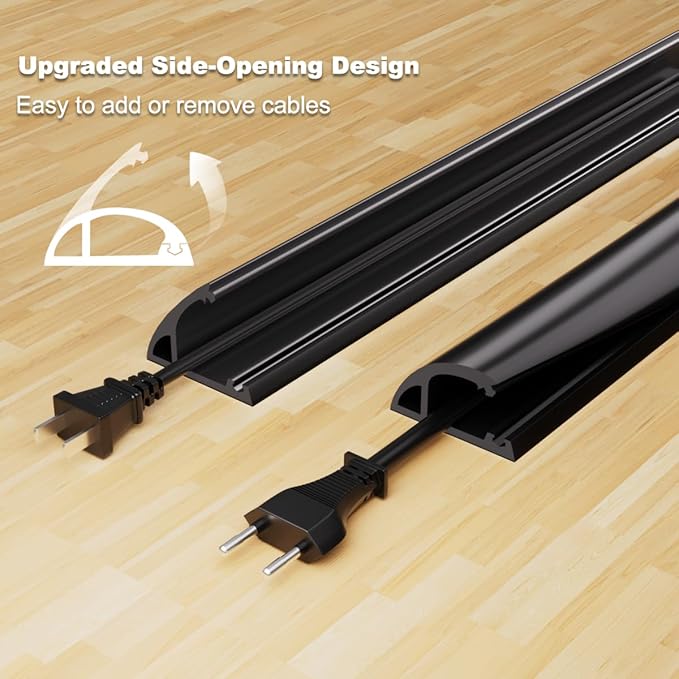 6FT Side-Open Extension Cord Covers for Wires on Floor,Silicone Power Cable Protector Cord Hider Management Strip,Hide Electric Wire on Carpet,Chord Runner Protective Safety Wiremold,Black