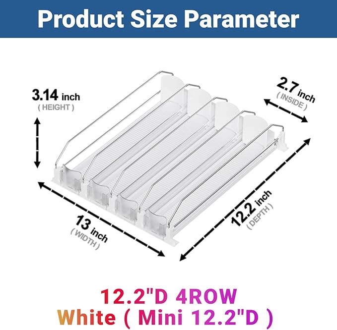Drink Organizer for Mini Fridge,12oz 16oz 20oz - Soda Can Dispenser for Refrigerator,Width Adjustable,Automatic Pusher Glide (White (Mini 12.2"D), 12.2"D 4ROW, Holds 16 Cans)