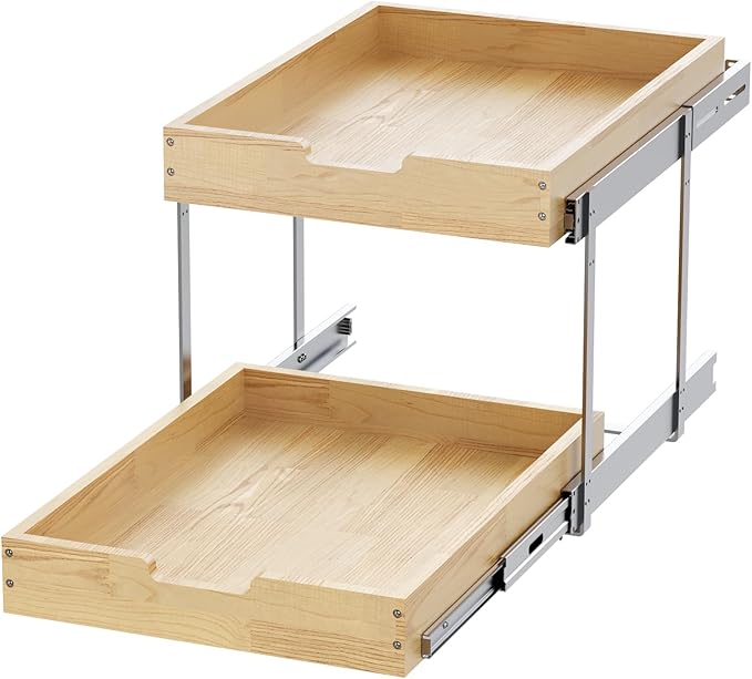 Wood Pull Out Cabinet Organizer 2 Tie 14" W x 21" D, Heavy-Duty Sliding Drawers for Inside Cabinets Storage and Organization for Kitchen, Pantry, Bathroom