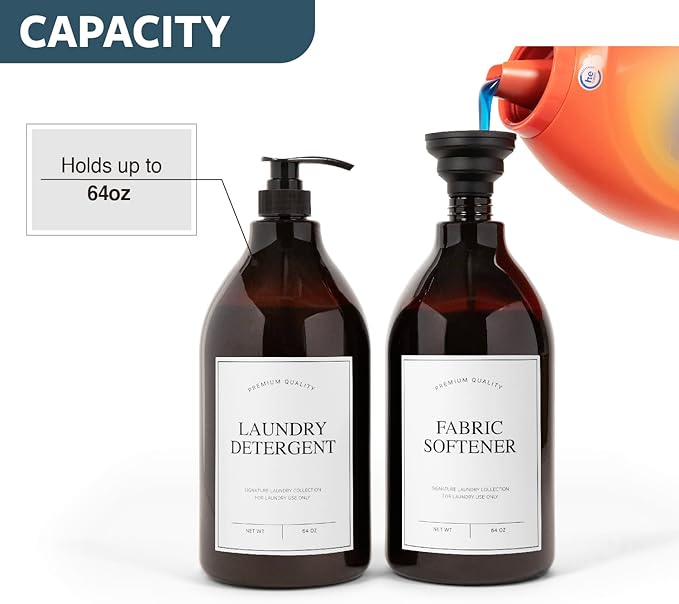 Calindiana Modern Farmhouse Liquid Laundry Detergent and Fabric Softener Dispenser for Laundry Room Decor and Organization, PET Plastic Landry Soap Containers with Water Resistant Labels, Amber 64oz