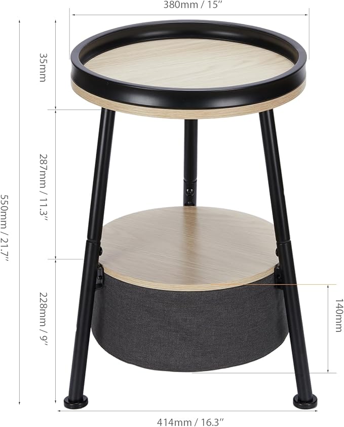 Small Round End Table, 2 Tier Side Table with Storage Basket, 11.8'D*17.8'H, Sofa Side Table, Small Round Nightstand