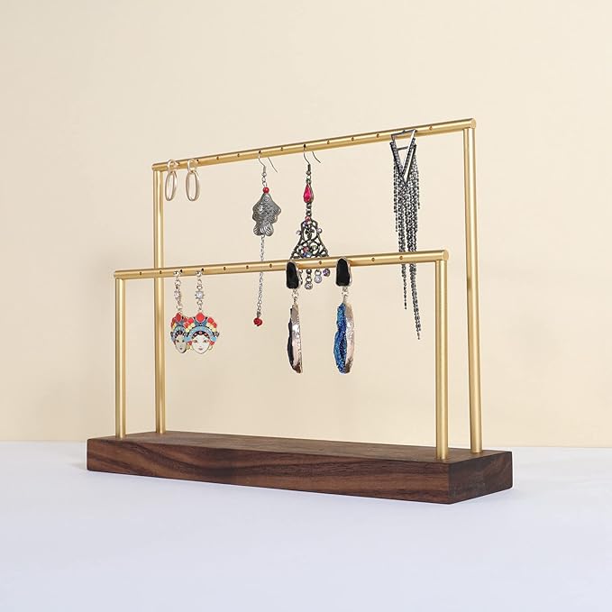 GemeShou wooden earring holder organizer for girls, walnut stud earring display stand for boutique store, jewelry storage organizer shelf【Walnut stand-Two Tiers】
