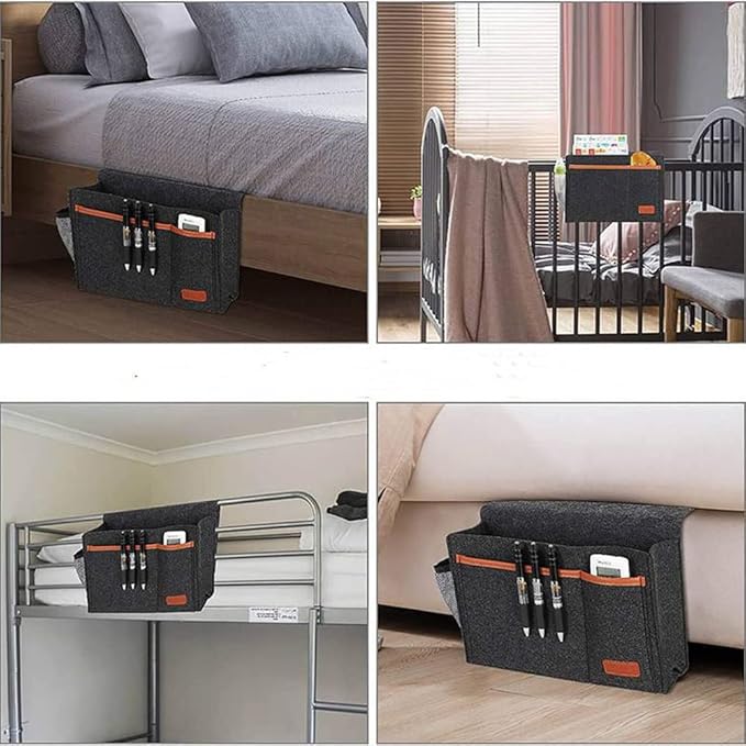 Bedside Caddy,Felt Bedside Storage Organizer, Hanging Storage for Dorm Bed Sofa for tablet Magazine Phone Remotes and Water Bottle Holder (Black)