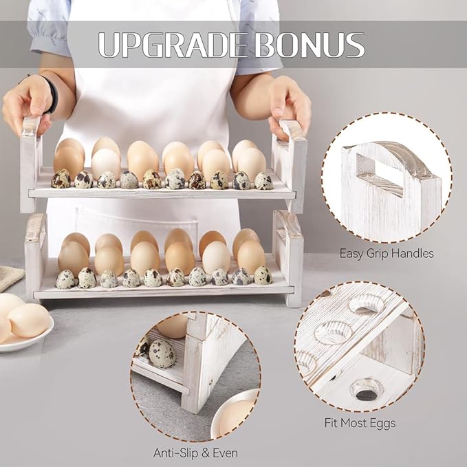 Wooden Egg Holder 3 Layer Fresh Egg Rack Holders Countertop Stackable Quail Egg Sorter Storage Trays Organizer Display Stand Kitchen Rack, Fits Duck, Turkey, Chicken Eggs,up to 36 Eggs, 3 Tier-White
