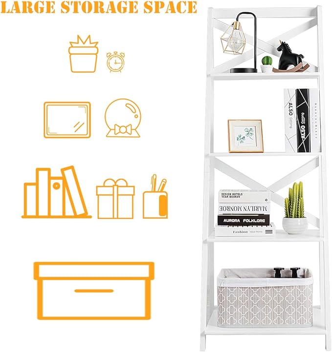 Tangkula 4-Tier Ladder Shelf Bookcase Leaning Free Standing Wooden Frame Decor Bookshelf Storage Flower Shelf Plant Display Shelf for Home Office (White, 1)