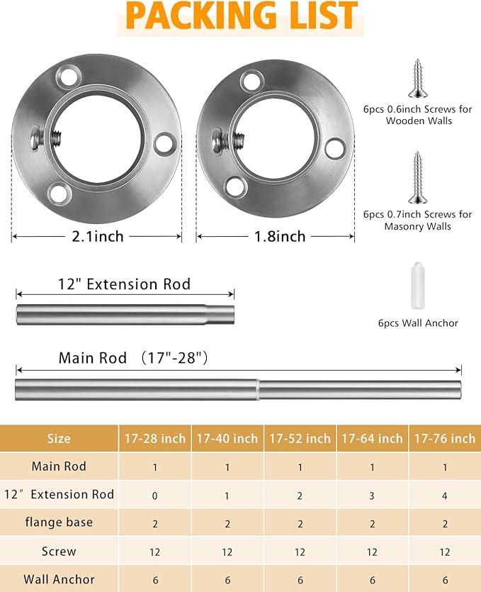 Closet Rods for Hanging Clothes, 17-52 Inch Heavy Duty and Stepless Adjustable Closet Poles, Stainless Steel Closet Hanging Rod for Closet, Wardrobes, Laundry Room, Bathroom, RV (Silver)