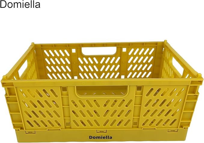 Domiella 2-Pack Crates for Storage, Storage Crates Plastic Stackable, Foldable Crate for Office Home Kitchen Bedroom Bathroom (Small, Golden Yellow)
