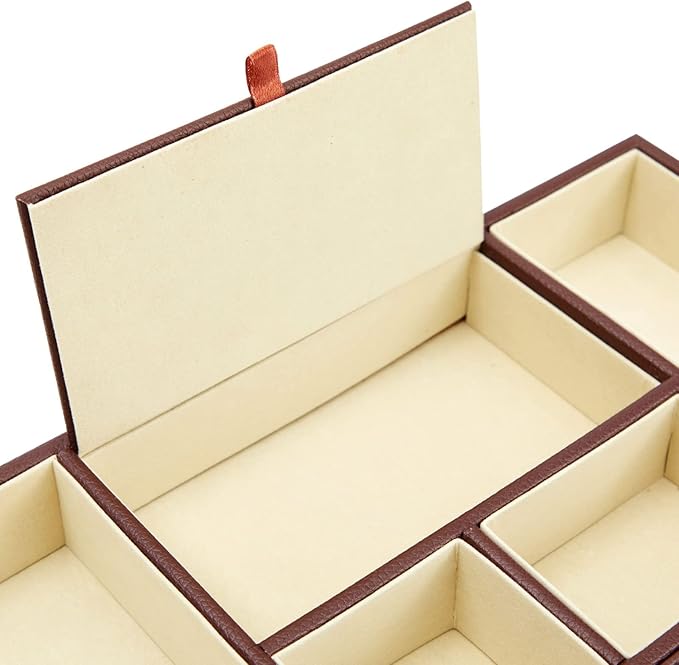 Juvale Rectangular Catchall Tray - 6-Compartment Nightstand Organizer - Polished Key Bowl - Portable Drawer Organizer - Brown Faux Leather