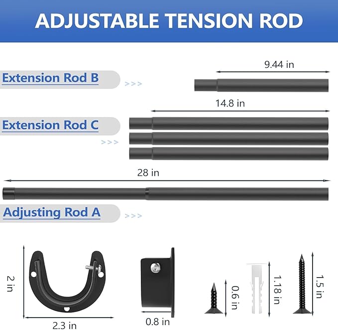 Closet Rod, 17 to 68 Inch Closet Rods for Hanging Clothes, Heavy Duty Adjustable Clothes Hanging Bar Rod Matte Black Closet Poles for Wardrobes, Closet, Bathroom, Windows,1.3 Inch Diameter