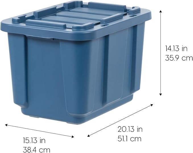 IRIS USA 12 Gallon Eco-Friendly Heavy Duty Truck Bed Toolbox Storage Tote Bins with Lids, 4 Pack - Made in USA, Tough Snap On Lockable Lid Stackable Industrial Rugged Tubs, Garage Organization - Navy