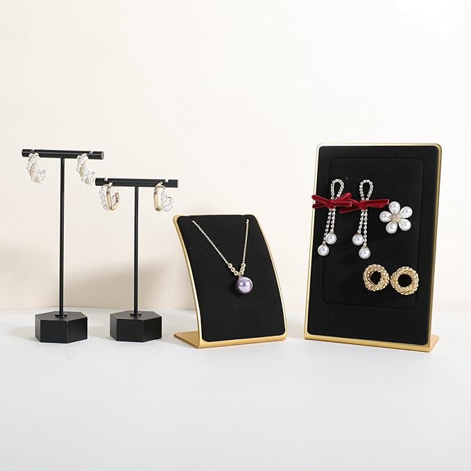GemeShou Black Necklace display stand, Velvet Jewelry necklace display holder for selling, small metal earring neck storage organizer, online jewelry photography props【Black】