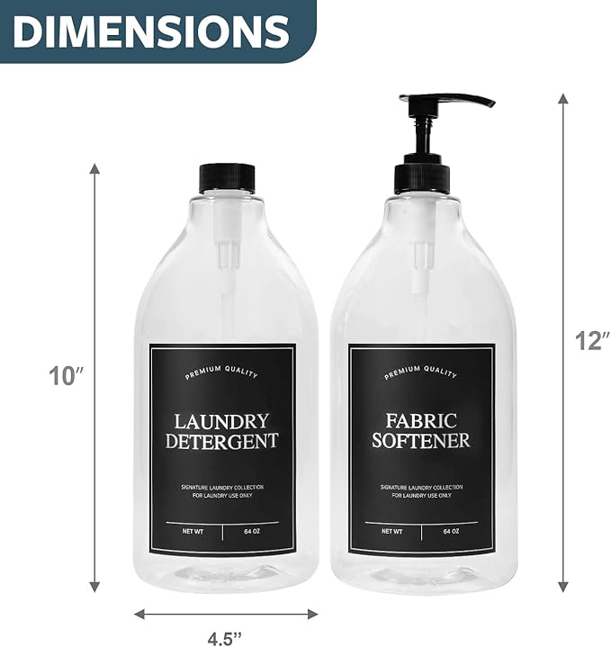 Calindiana Laundry Detergent Dispenser for Laundry Room Organization, Clear 64oz PET Plastic Landry Soap Containers with Black Water Resistant Labels, Black Pumps and Screw Caps, Collapsible Funnel