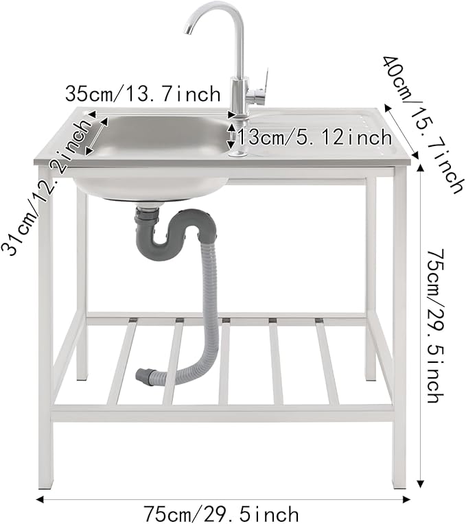 Free Standing Stainless Steel Sink 30" Commercial Sinks with Operation Countertop and Bottom Shelf Utility Sink for Restaurant Cafe Bar Hotel Garage Laundry Room Outdoor
