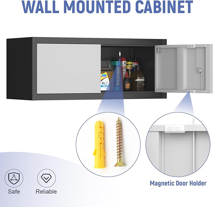 Metal Garage Storage Cabinet, Locking Cabinet Wall Mounted, 12.8" H Floating Cabinet for Warehouse, Upper Tool Cabinet for Home Office, Basement, Kitchen, RV Organization