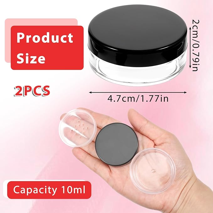 2 PCS 10ml/0.34oz Plastic Empty Travel Small Loose Powder Compact with Rotatable Sifter and Leakproof Screw Lid, Refillable Loose Powder Containers Reusable No Leak Compact, Black