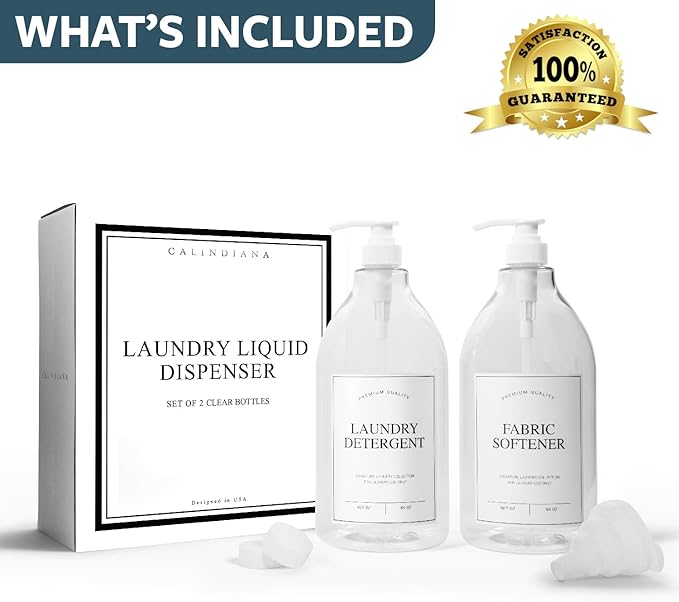 Calindiana Modern Farmhouse Liquid Laundry Detergent and Fabric Softener Dispenser for Laundry Room Decor and Organization, PET Plastic Landry Soap Containers with Water Resistant Labels, Clear 64oz