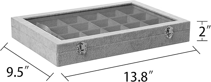 Frebeauty Velvet Jewelry Tray,24 Grid Jewelry Organizer with Clear Lid,Earring Holder Organizer with Clasp,Drawer Insert Rings Pendants Brooches,13.8 x 9.5 x 2 Inches,Gift for Women Girls(Grey)