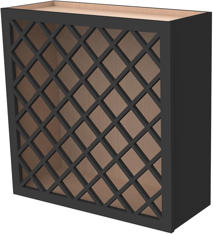 Solid Wood RTA Wine Bottle Rack Wall Cabinet with Lattice Panels - Bottle Holder Storage for Bar, Pantry, or Wine Cellar - Mocha finish Countertop Solution (Charcoal Black, 24'W 12'D 30'H)