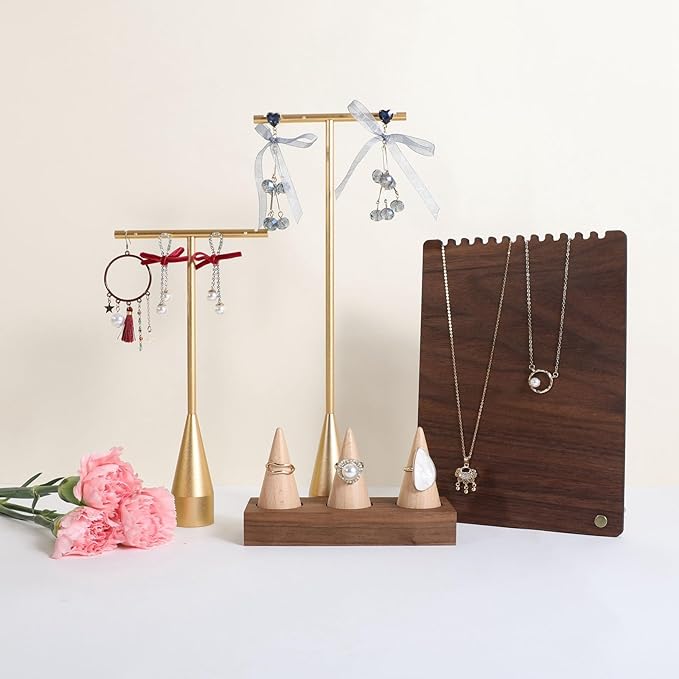 GemeShou 2pcs Gold earring display T bar stand, Big jewelry earring holders for Boutique Store, Jewelry holders high enough for long earring necklace【Gold-2pcs Height 7.9"and 11"-long horizontal bar】
