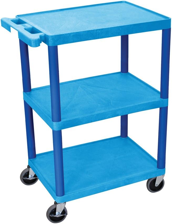 Luxor HE34-BU Utility Cart - 3 Shelves Structural Foam Plastic, Four 4" Casters, Two with Locking Brake, Ergonomic Push Handle, 24"W x 18"D x 34"H, Offices, Classrooms