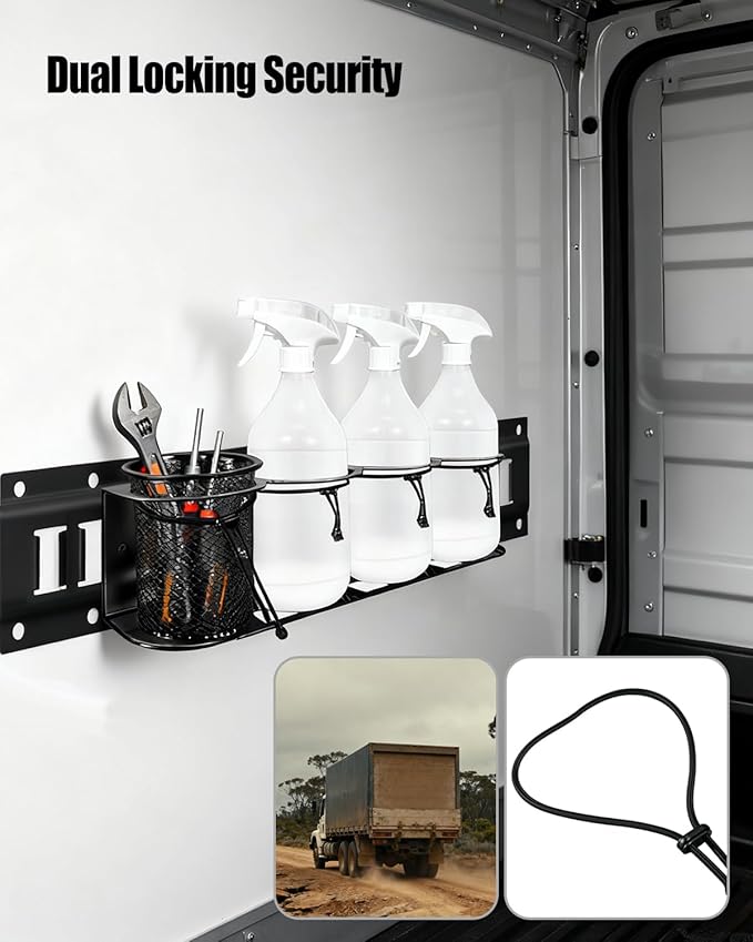 2 Pack E-Track Spray Bottle Holder, Heavy Duty Spray Can Rack for Enclosed Trailer, Wall Mount Bottle Organizer 7-Bottle Capacity with Tool Organizer, E Track Accessories