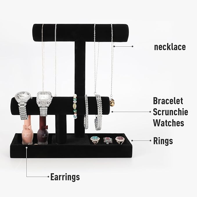 ByKen Necklace Holder,Bracelet Holder,Jewelry Organizer Stand with Earrings Rings Tray,Jewelry Holder for Scrunchie Watches (Black Velvet)