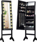 Giantex Standing Jewelry Armoire with 18 LED Lights Around the Door, Large Storage Mirrored Jewelry Cabinet with Full Length Mirror, 16 Lipstick Holders, 1 Inside Makeup Mirror (Black)
