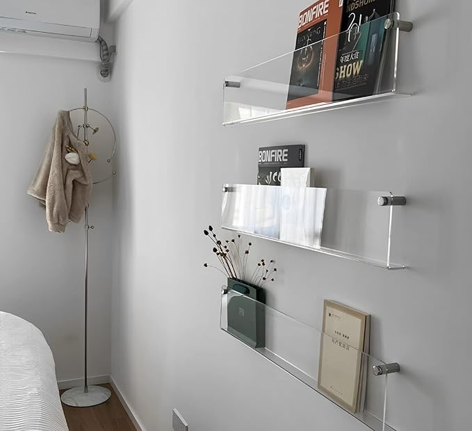 2-Pack Acrylic Magazine Holder Vinyl Records Holder, Display Floating Bookshelves Wall Mounted, Nursery Book Shelves Wall Decor Hanging Magazine Holder for Waiting Room, Living Room, Office