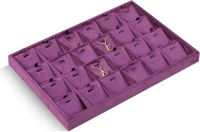 Velvet Necklace Display Tray, Stackable 24 Grid Insert Pendant Necklaces Storage Holder Plate, Jewelry Retail Countertop Organizer (Purple)