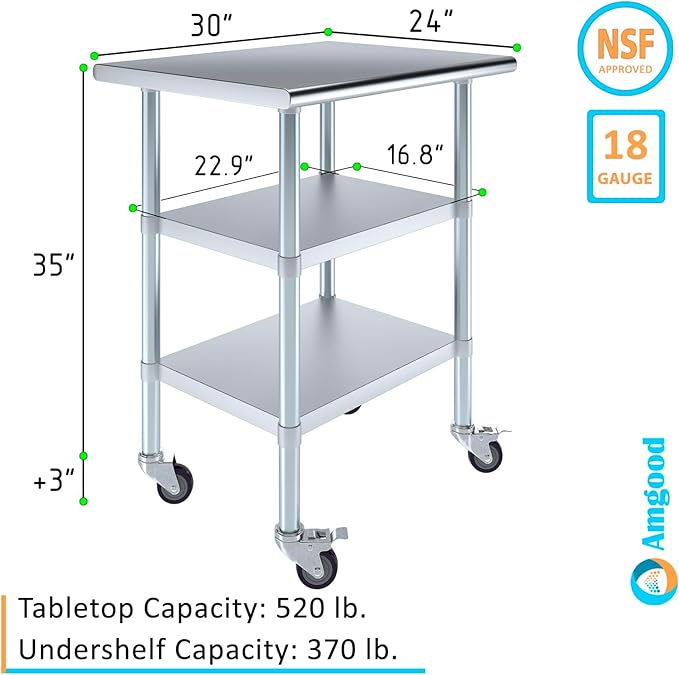 AmGood Stainless Steel Work Table with 2 Shelves and Casters | Metal Utility Table On Wheels (Stainless Steel Work Table with 2 Shelves + Casters, 30" Long x 24" Deep)