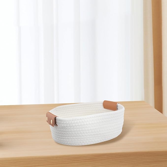 Portable Woven Cotton Rope Storage Bin with Leather Handles Desktop Storage Box Bedroom Storage Container for Toy and Small Items Storage Solution(White S)
