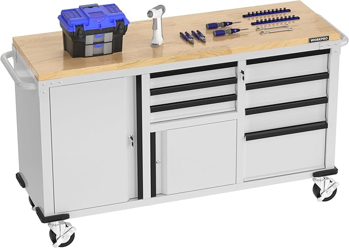 WORKPRO 62" Rolling Tool Chest, Heavy Duty Mobile Tool Storage Cabinet with 7-Drawer & 2-Door, Power Strip, Locking System, 1000 LBS Capacity Rolling Cabinet for Garage, Kitchen & Warehouse