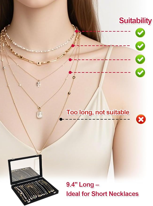 Jenseits Necklace Organizer Box, Tray with Clear Lid, Velvet Dustproof Necklaces Holder Storage Display Case, 20 Hooks Glass Top Jewelry Tray Drawer Insert for Pendant Bracelet
