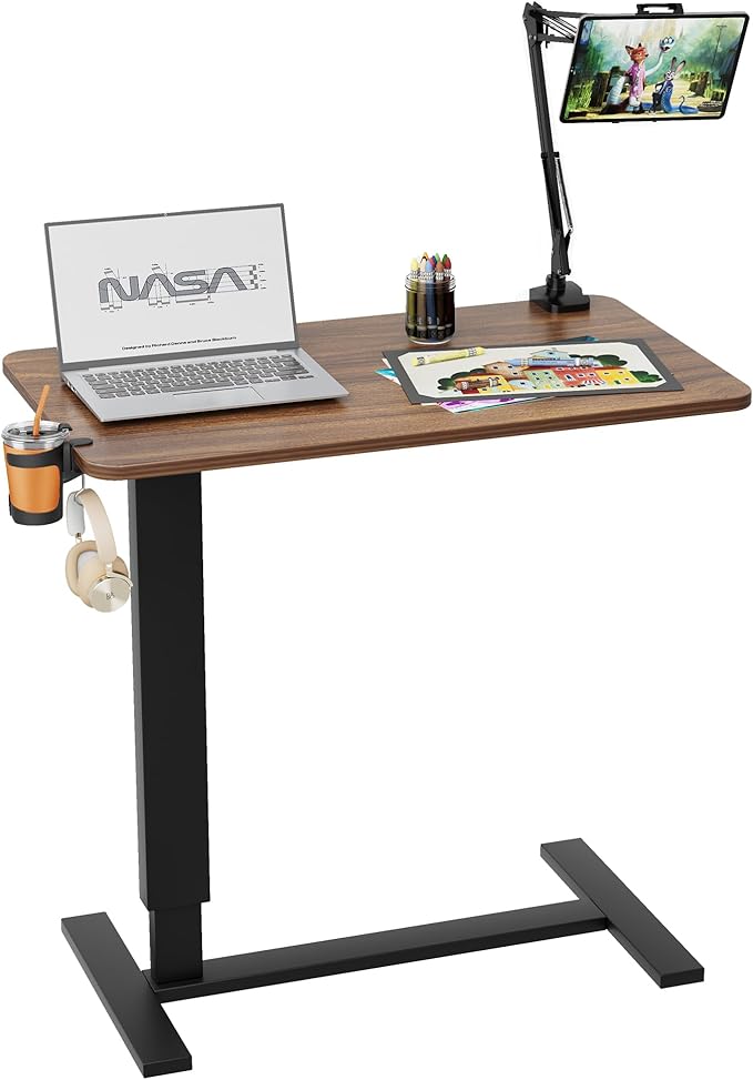 Overbed Bedside Table with Wheels, Adjustable Hospital Bedside Desk, Rolling Laptop Table, Mobile Standing Desk, Laptop with Cup Holder & Phone/Tablet
