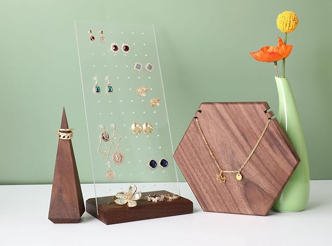 GemeShou walnut earring display for selling jewelry, wooden earring holder for studs display, small jewelry studs display board for show【Wood stand with acrylic board-Walnut】