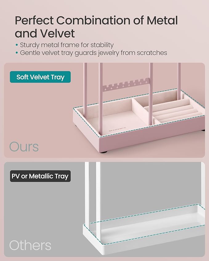 SONGMICS Jewelry Holder, Jewelry Organizer, Jewelry Display Stand with Metal Frame, Velvet Tray, Necklace Earring Bracelet Holder, for Studs, Rings, Christmas Gift, Jelly Pink UJJS021R01