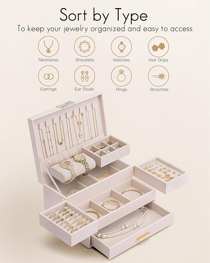 Vlando 3 Layer Jewelry Box - Women Jewelry Box with Retractable Tray - Jewelry Organizers with Drawer for Necklaces, Rings, Bracelets, Earrings, Gift for Couples Mom Girls - Pink