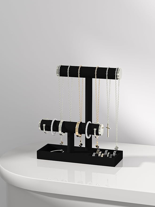 Bracelet and Necklace Holder,Velvet Jewelry Necklace Display Organizer Stand,bracelet Holder for Selling,Bracelet and Necklace Storage Tree (Style 2（Black+ Metal lid）)