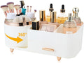 Makeup Organizer Countertop with Drawer 360 Rotating Brush Holder Storage Large Capacity Skincare Cosmetic Display Cases for Vanity Bathroom Desktop, Model 3016 White