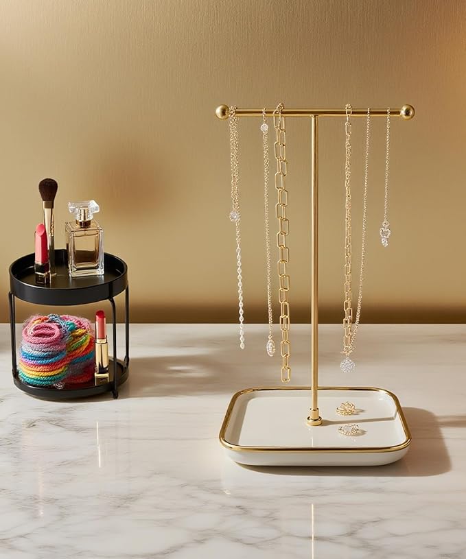 VROOMIUM Necklace Holder- Ceramic Base 1ft Height Jewelry Organizer Stand, Aesthetic Jewelry Hanger Display for Necklaces, Bracelets, Rings, Exhibidor de Collares-Classic White