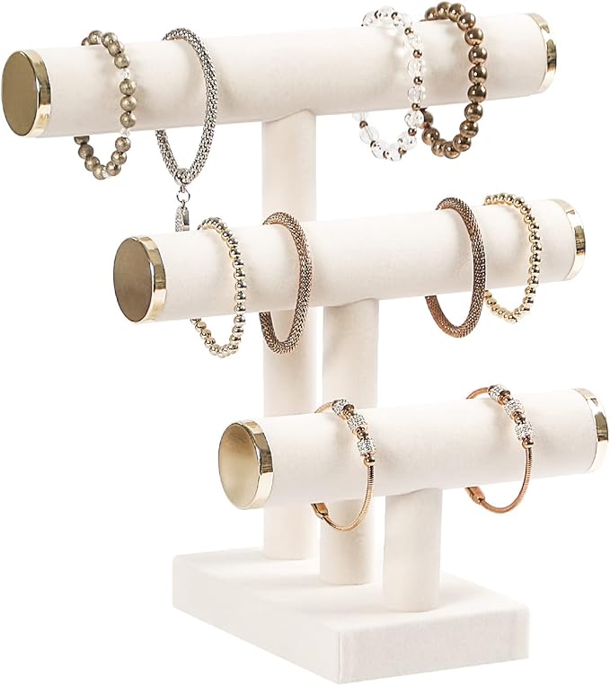 3 Tier Bracelet Holder,Bracelet Display Stand with Metal Cap,Beige White Velvet Jewelry Organizer Displays for Necklace Scrunchies Watches Hair Ties.