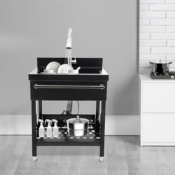 Stainless Steel Utility Sink, Free Standing Single Bowl Kitchen Sink with Pull-Out Cold/Hot Faucet, Storage Shelf & Splashback, Large Utility Sinks for Laundry, Garage 25.8 * 20.3 * 33.8in