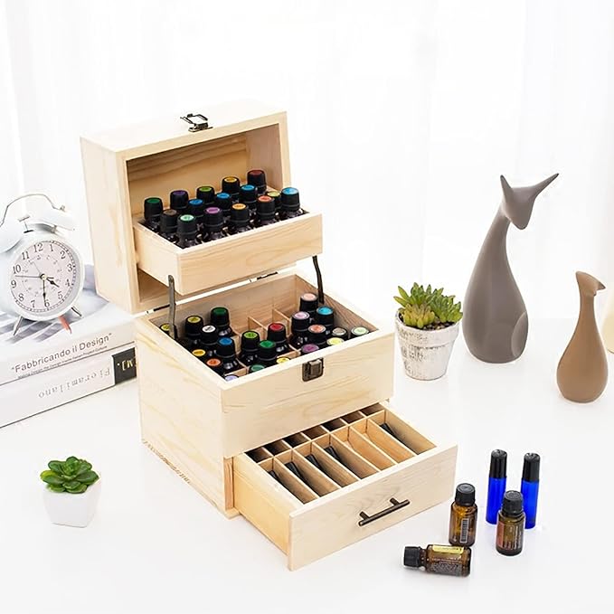 3 Tiers Essential Oil Storage Box, Wooden Perfume Bottle Display Organizer Case w/59 Slots, for 15 ml Bottles Nail Polish Collection Holder