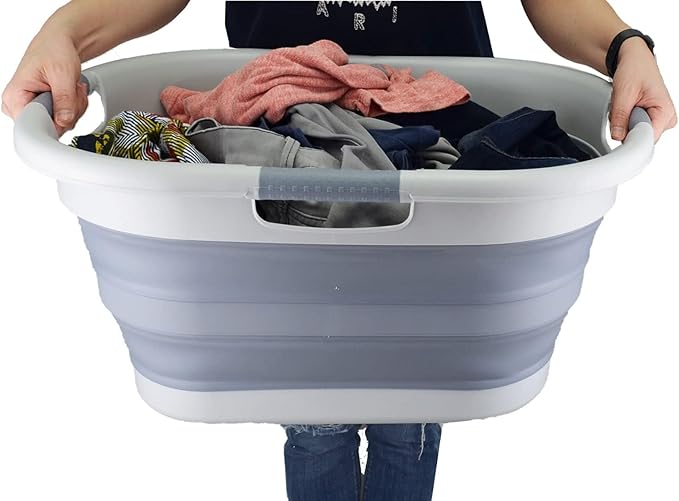 SAMMART 40L (10.5 gallons) Collapsible Plastic Laundry Washing Tub - Foldable Pop Up Laundry Basket/Hamper - Portable Washing Tub - Pop Up Saving (Grey/Dark Grey)