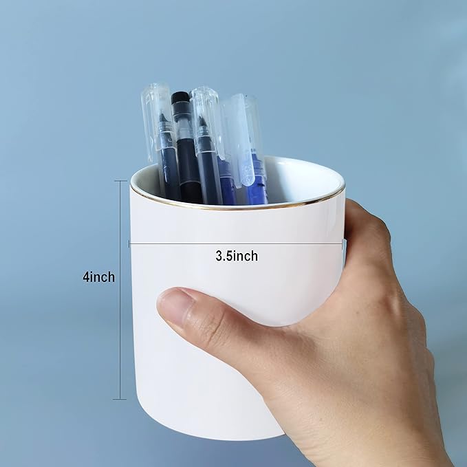 HANKOR Ceramic Pencil Holder for Desk - Cute Gold Trim Pen Aesthetic Makeup Brush Cup Holder Organizer for Desktop Storage Stationery Office Home Supplies, White
