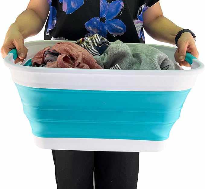 SAMMART 27L (7.1 Gallons) Collapsible Plastic Laundry Basket with Handle-Foldable Pop Up Storage Basket with handle (1, White/Ceramic Blue)
