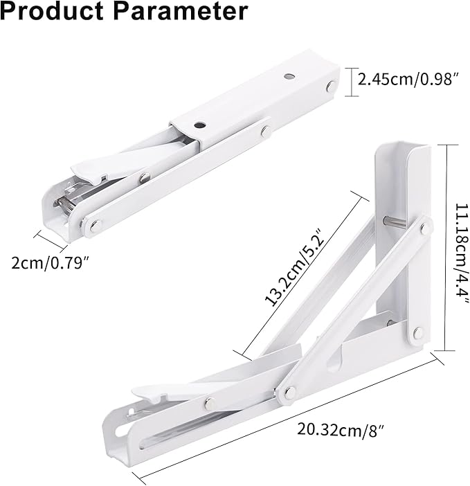 YUMORE Folding Shelf Brackets, 8 Inch Heavy Duty Collapsible Shelf Bracket, DIY L Bracket for Workbench Folding Table Hinge, Max Load: 300lb, White, 2 Pack