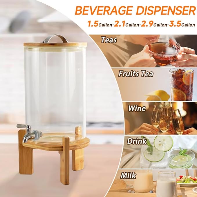Beverage Dispenser, 2.1 Gallon Glass Drink Dispenser with Stand, Glass water dispenser with Spigot, Large Drink Dispensers for Parties,Bars,Restaurants, 8L