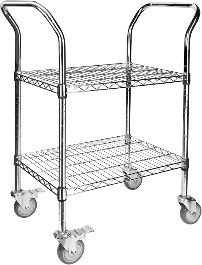 Northsky 2-Shelf Wire Utility Cart on Wheels, Chrome Finish Rolling Metal Shelving with Wheels, 550lb Capacity, 24" x 18" x 38", 2 Tier Rolling Cart for Kitchen Bar Storage Use