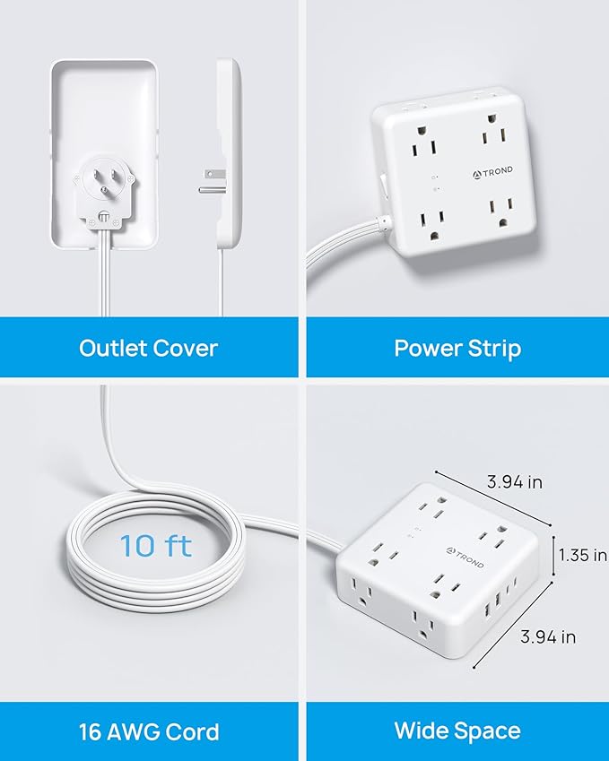 TROND Flat Power Strip with Outlet Cover - 10FT Long Extension Cord with 8 AC Outlets, Flat Wall Plug with 2 USB A & 2 USB C Ports, 1700J Surge Protector, Compact for Home Office Dorm Room Essentials